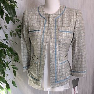 FOCUS 2000 sz 6P fitted blazer jacket pale blue & gray plaid business office NWT